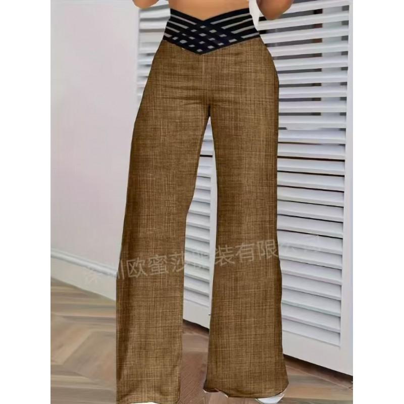 Womens High-Waisted Wide-Leg Pants With Cutout Waistband Casual Office Trousers Stretchy Loose Fit