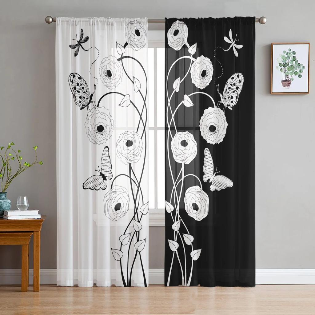 Dragonfly Flowers Curtain Living Room Voile Window Blinds Bedroom Tulle Drape Kitchen Cortinas Hall Curtains Light Filtering Polyester Ideal For Great