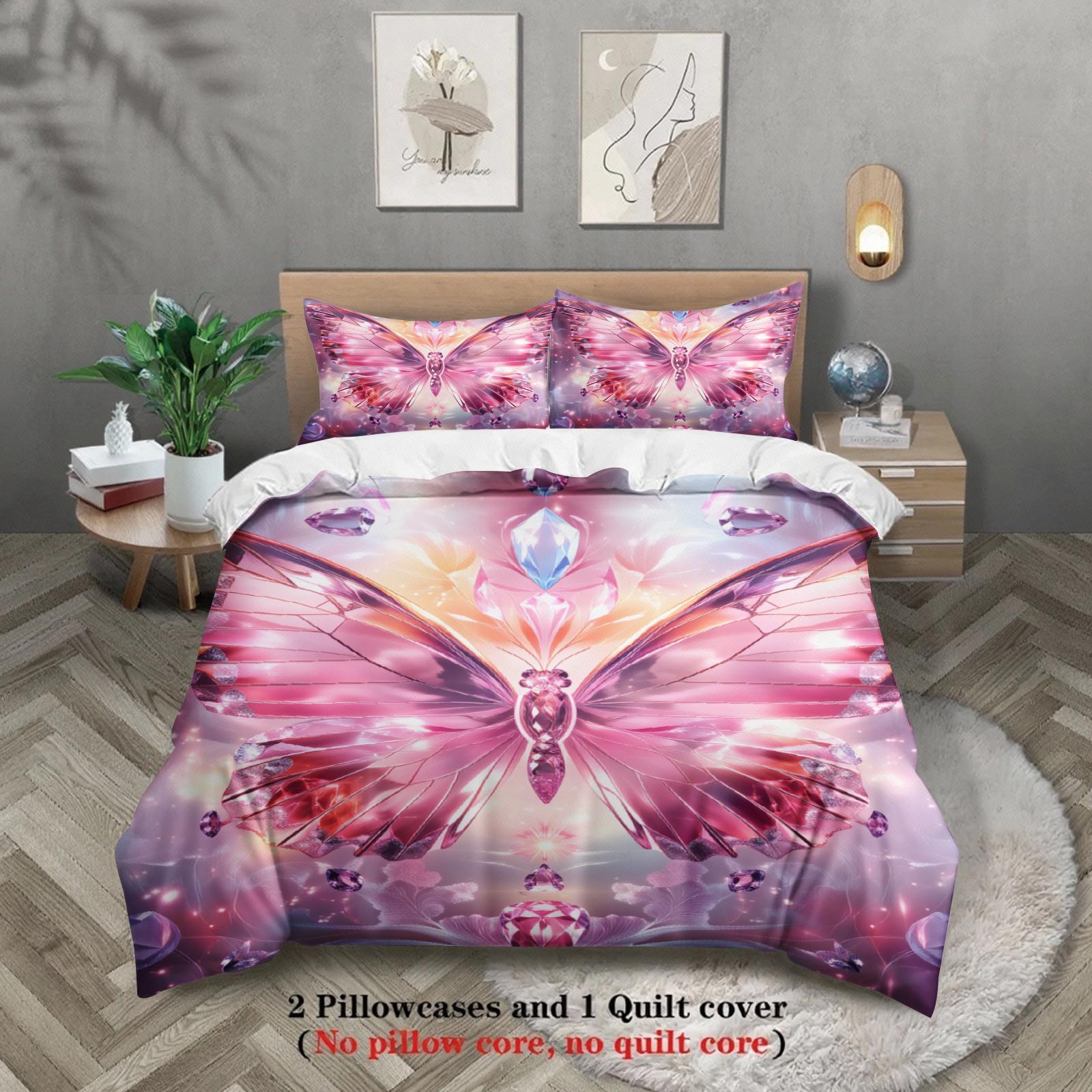 

Butterfly Print Bedding Set Pink Purple Crystal Butterfly Design Bedding Set With Duvet Cover & Pillowcases For Bedroom Decor US Full(200x230cm)