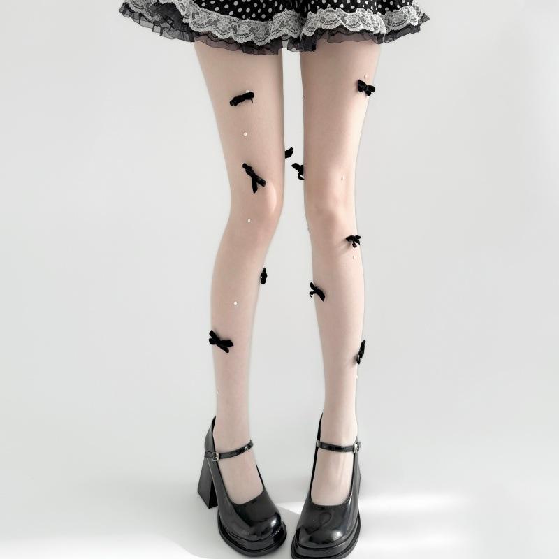 Spring And Summer Cut Niche Sweet Girls, Pure Milk, White Pearls, Handmade Powder, Flocked Bows, Lolita Pantyhose