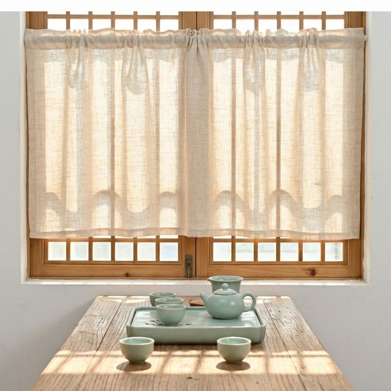 Linen Textured Short Cafe Curtain Solid Color Semi‑Shading Rod Pocket Window Curtain Kitchen Bathroom Small Window Drape Home Decor