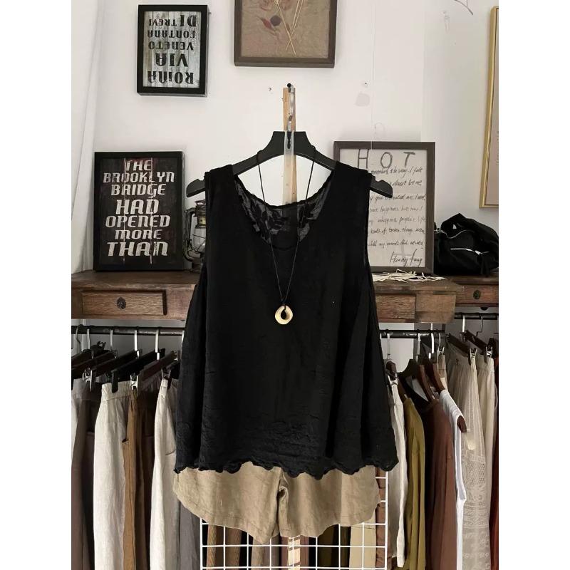 Summer Pure Cotton V-neck Single-breasted Hollow Vest Loose Sleeveless Cardigan with Vest Thin Large Size Top Women