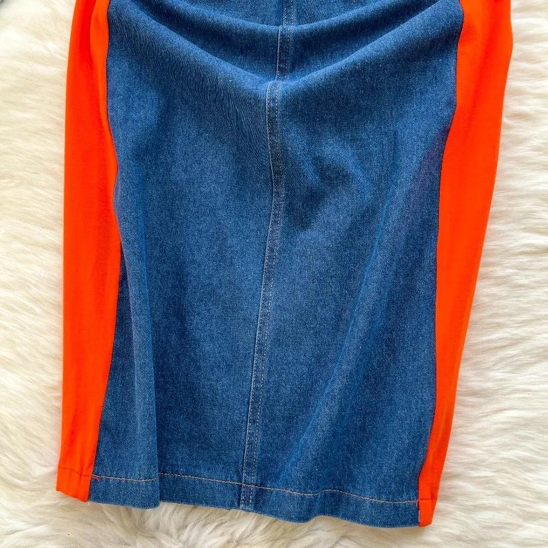 New Trendy Casual Dress Women's Contrast Vintage Denim Panel Short Sleeve Slim Fit Pencil Dress