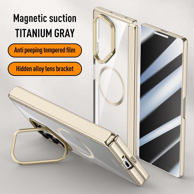 Lens Protect Stand Magnetic Phone Case for Samsung Galaxy Z Fold 6 5G Magsafe Electroplated Hinge Clear Metal Ring Holder Cover