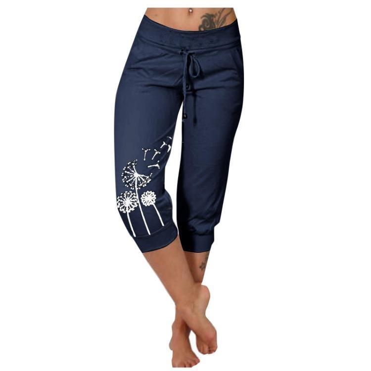 Women High Waist Casual Printed Yoga Pants Drawstring Seventh Pants Qunide