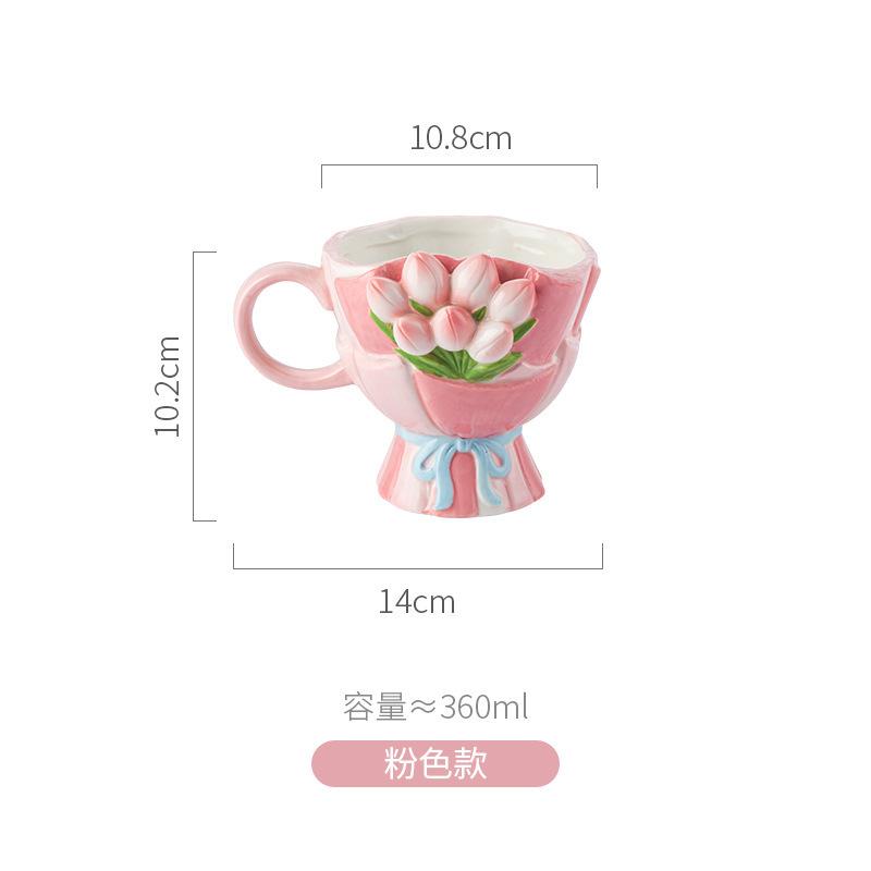 Three-dimensional Relief Tulip Ceramic Coffee Cup Embossed Flower Bouquet Mugs Mugs Coffee Cups Afternoon Tea Accessories