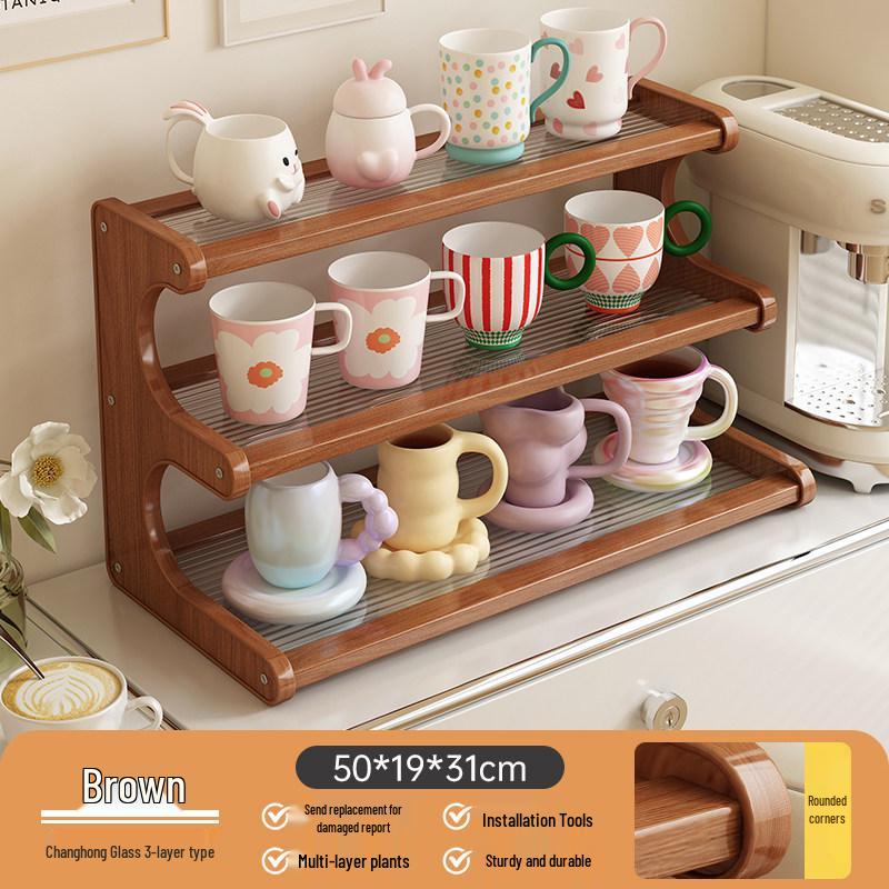 Solid Wood Multi-layer Teacup Display & Storage Rack for Desktop or Countertop