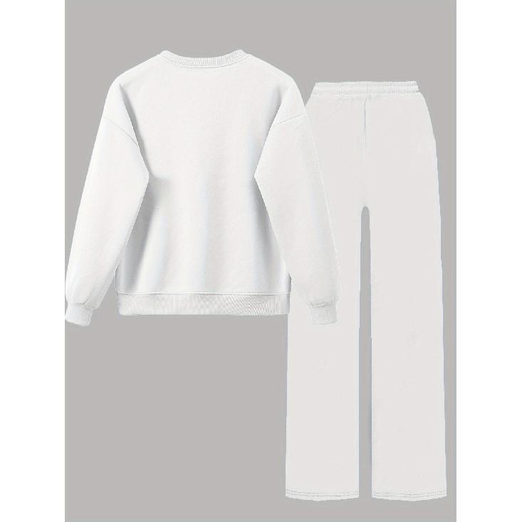Women's Two-Piece Set with Crewneck Sweatshirt and Drawstring Straight-Leg Pants, Printed Design Fall Winter Sweatshirt Set