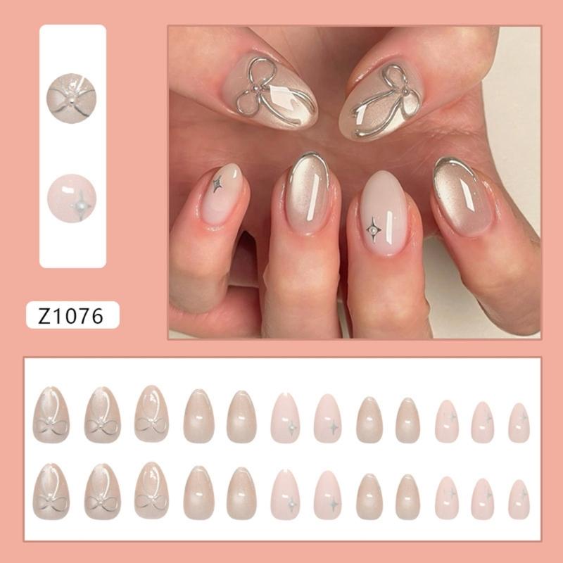 Almond Press on Nail Cats Eye Fake Nail with Bows Designs Full Cover Glues on Nail Glossy Acrylic Nail Artificial Nail