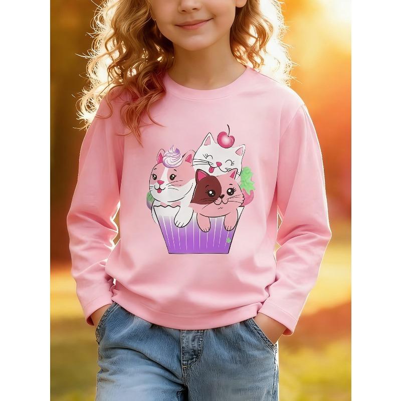 European Sizes Kids' Long Sleeve Top, Fashionable Round Neck Sweatshirt with Cute Cartoon Cat Print, Adorable Top for Daily Casual Wear