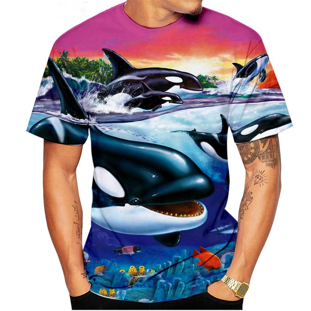 Nowa Letnia Koszulka z Kreskówkowym Nadrukiem 3D Wieloryba Zwierzęcia Morskiego Męska Damska z Okrągłym Dekoltem Krótki Rękaw Oversize Harajuku T-shirty Topy Odzież Dziecięca