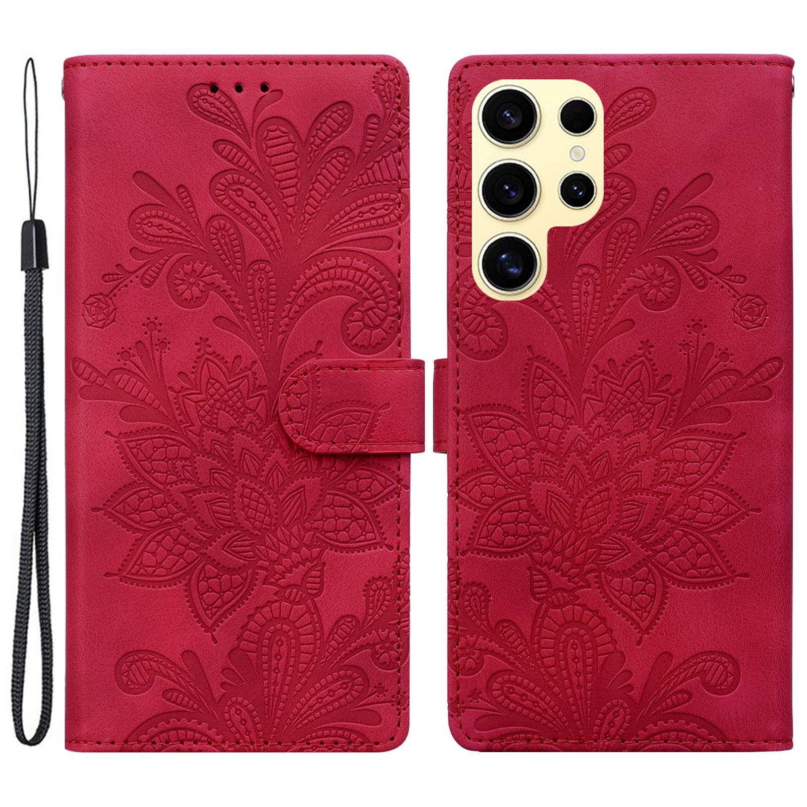 

For Samsung Galaxy S25 Ultra Case Imprinted Lace Flowers PU Leather Wallet Phone Cover Red