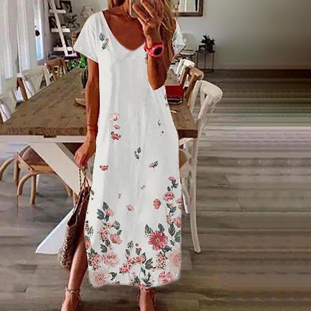 Women's Boho Dresses Floral Print Short Sleeve V Neck Dress Casual High Waist Beach Maxi Dress