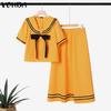 VONDA Two Pieces Women Girls College Style Sets Naval Collar Short Sleeve Blouse and Long Skirts Outfits 