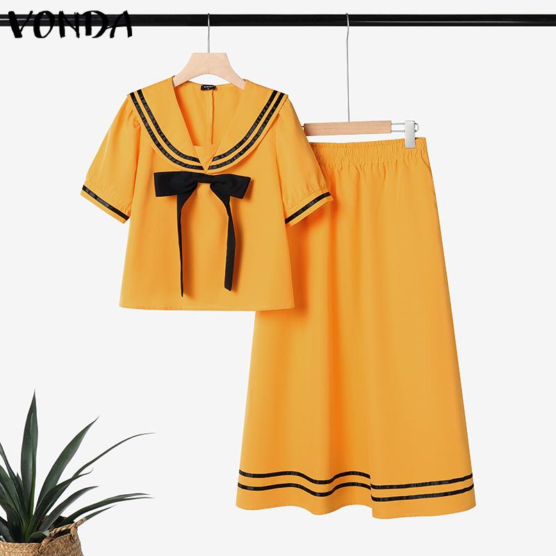VONDA Two Pieces Women Girls College Style Sets Naval Collar Short Sleeve Blouse and Long Skirts Outfits 