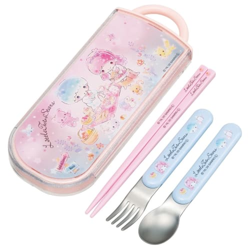 Skater Children's Antibacterial Slide Trio Set (TACC2AG-A) - Bento, Chopsticks, Spoon, and Fork - Sanrio Twin Stars, Picnic, Girls, Made In Japan