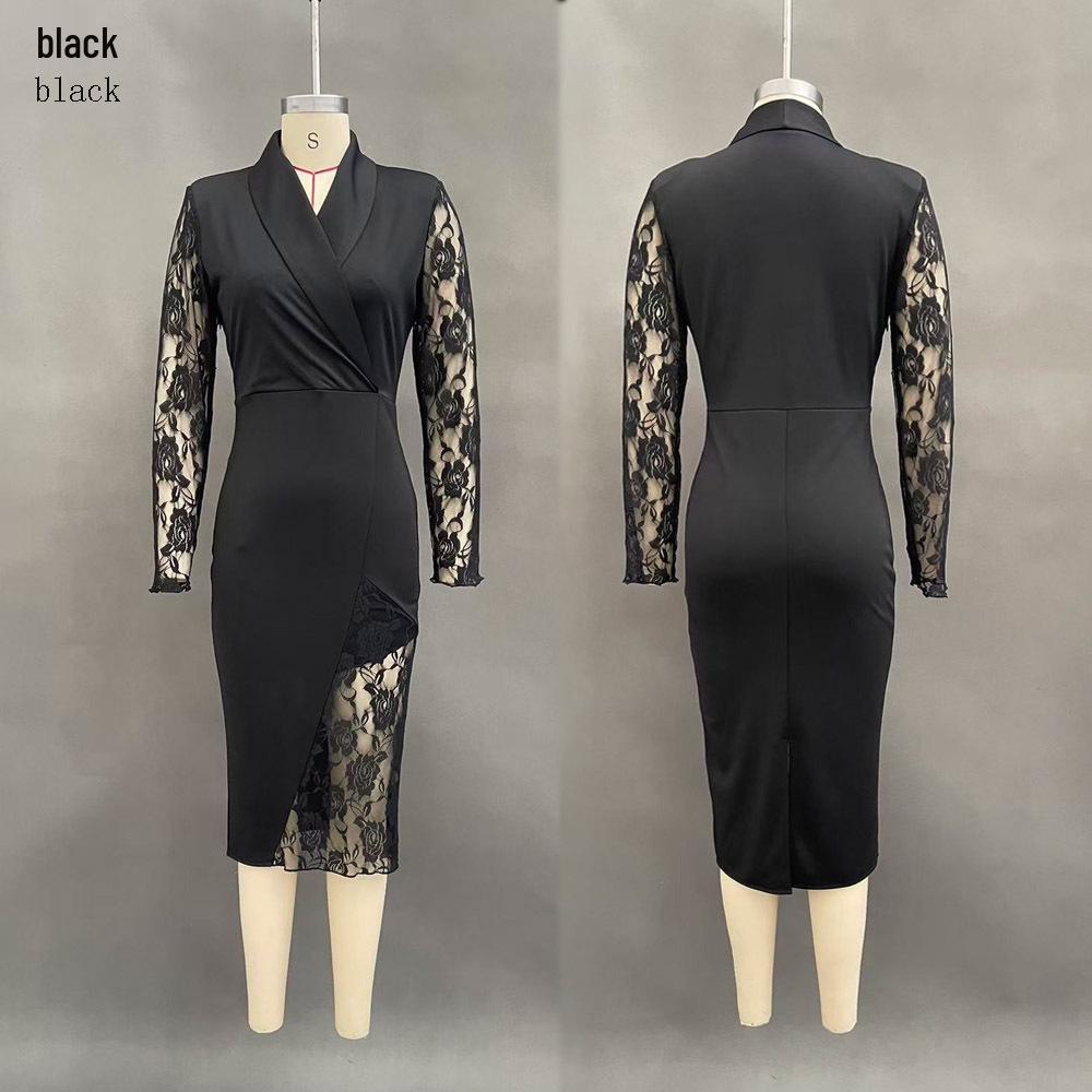 Solid Color Lace Patchwork Long Sleeve Lapel Waist-Cinching Suit Dress S