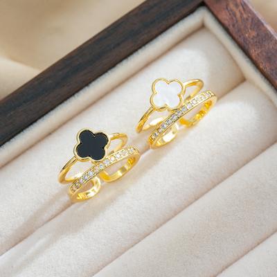 Fashion Four-Leaf Clover Zirconia Ring Female High-Level Sense Of Niche Light Luxury Petal Opening Adjustable Ring