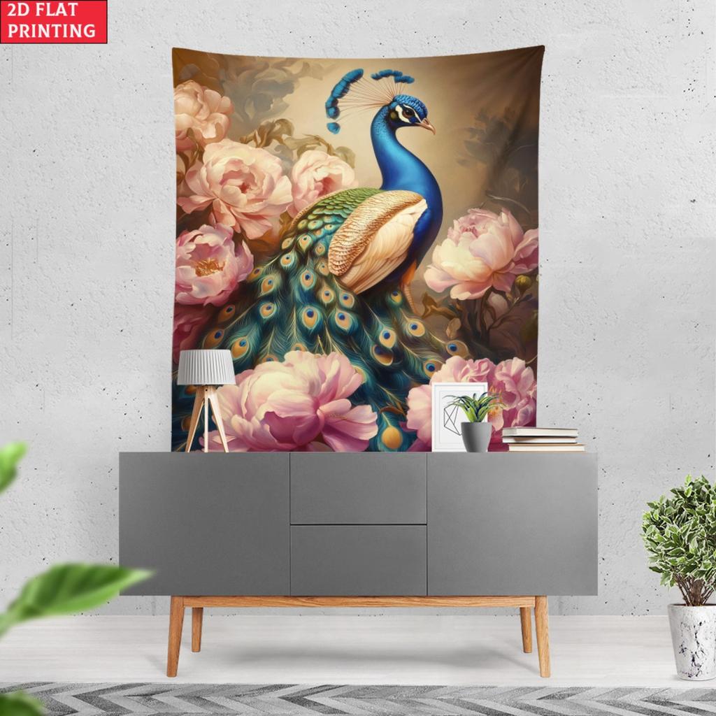 Peacock Tapestry Bird Art Wall Hanging Floral Bohemian Decor Elegant Home Decoration Tropical Nature Art Living Room Accent