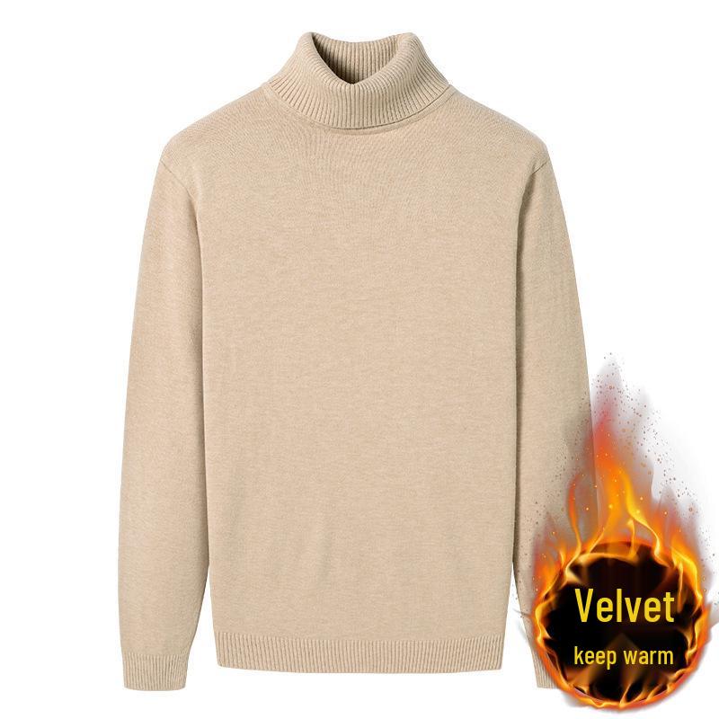 Men's Ribbed Wool High-Neck Sweater with Fleece, Warm Knitted Long Collar for Autumn and Winter