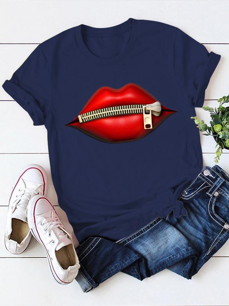 Zipper Lip Print T Shirt Women Short Sleeve O Neck Loose Tshirt Summer Women Tee Shirt Tops Camisetas Mujer