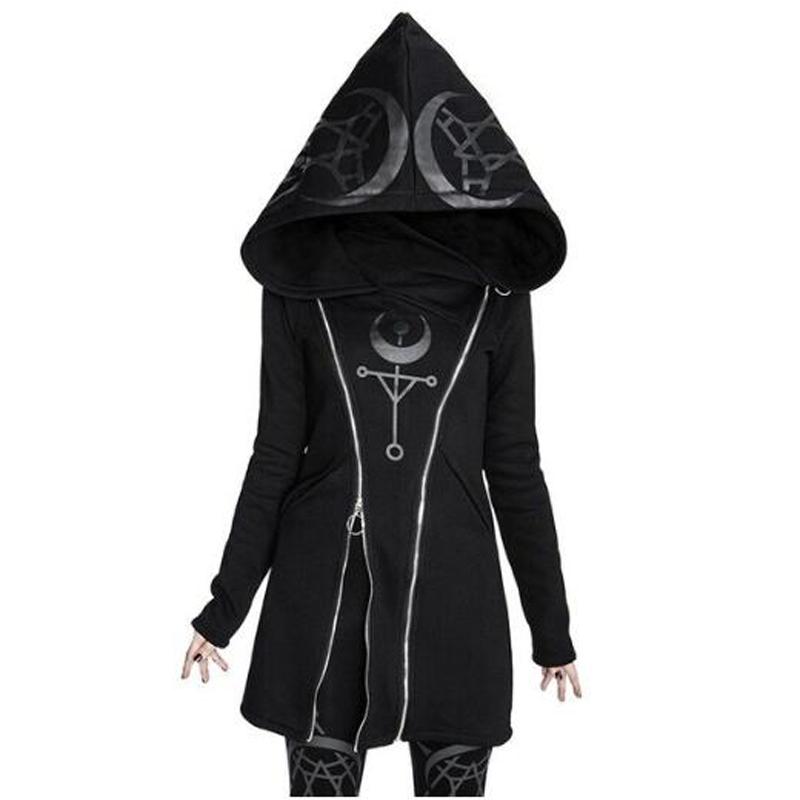 

Жіноча модна довга толстовка з капюшоном, чорна готична куртка на подвійній блискавці з пальто з принтом, толстовка з капюшоном у стилі панк 5XL чорний
