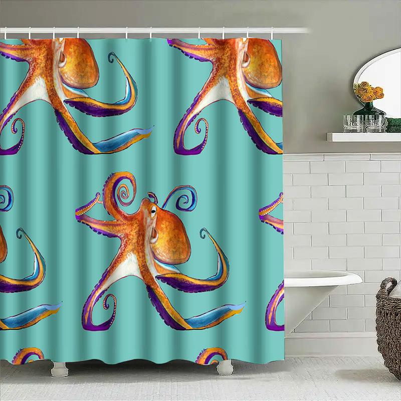 Octopus Print Shower Curtain Waterproof Bath Decorations For Home Decoration Bathroom Accessories Blue Background With Purple Ye