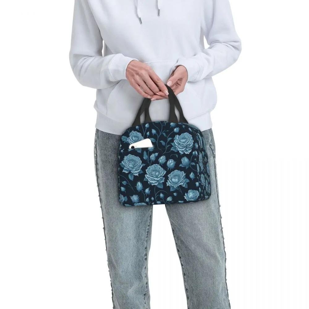 Vintage Blue Rose Pattern Insulated Lunch Bag for Women Kids Portable Food Boxes Thermal Lunch Box Tote