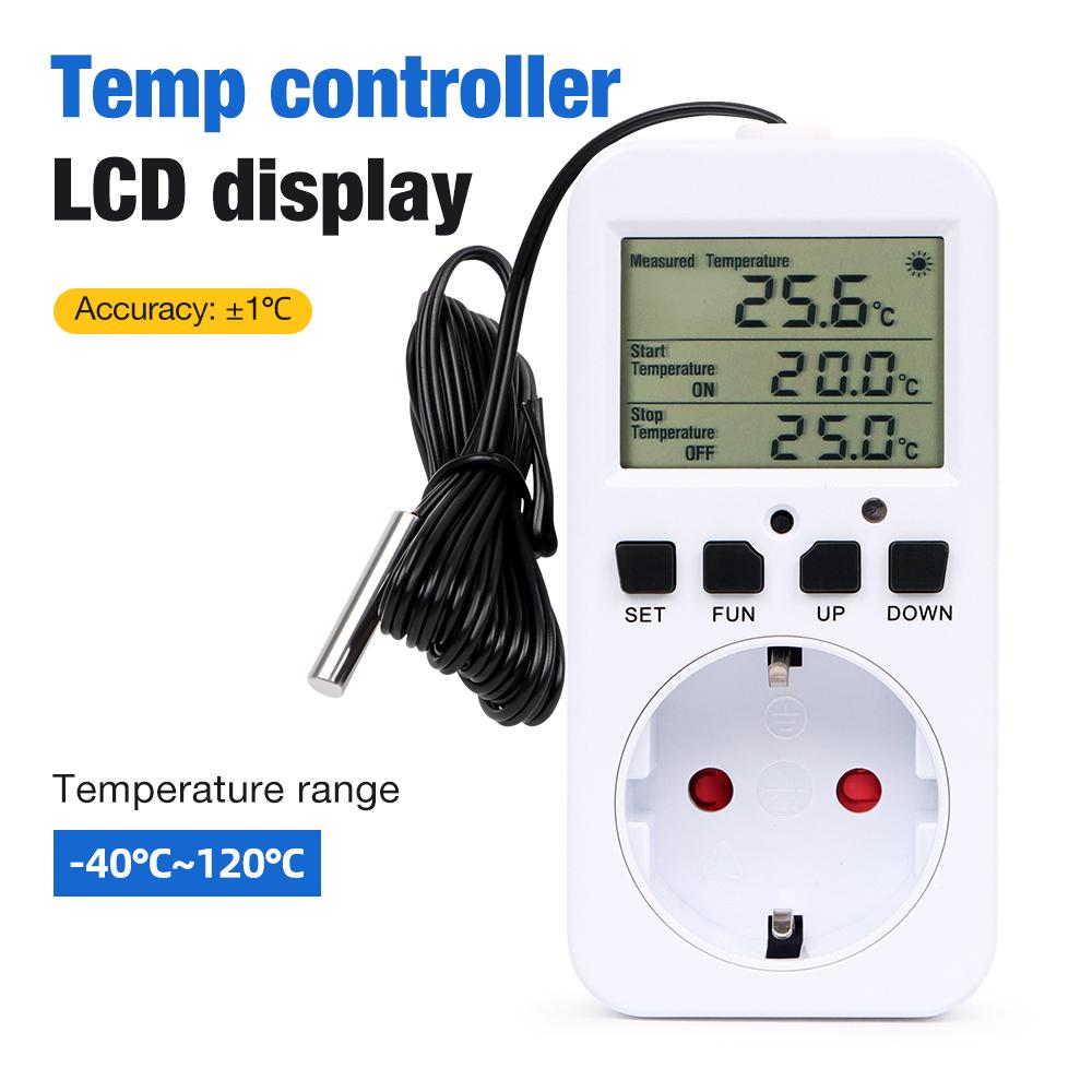 

Цифровой регулятор температуры Розетка Таймер Переключатель AC230V Вилка ЕС Термостат Регулятор нагрева и охлаждения Термометр с датчиком