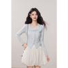 Kumikumi Women's Chic Blue Lace Tie-Up Long Sleeve Autumn Two-Piece Slimming T-Shirt