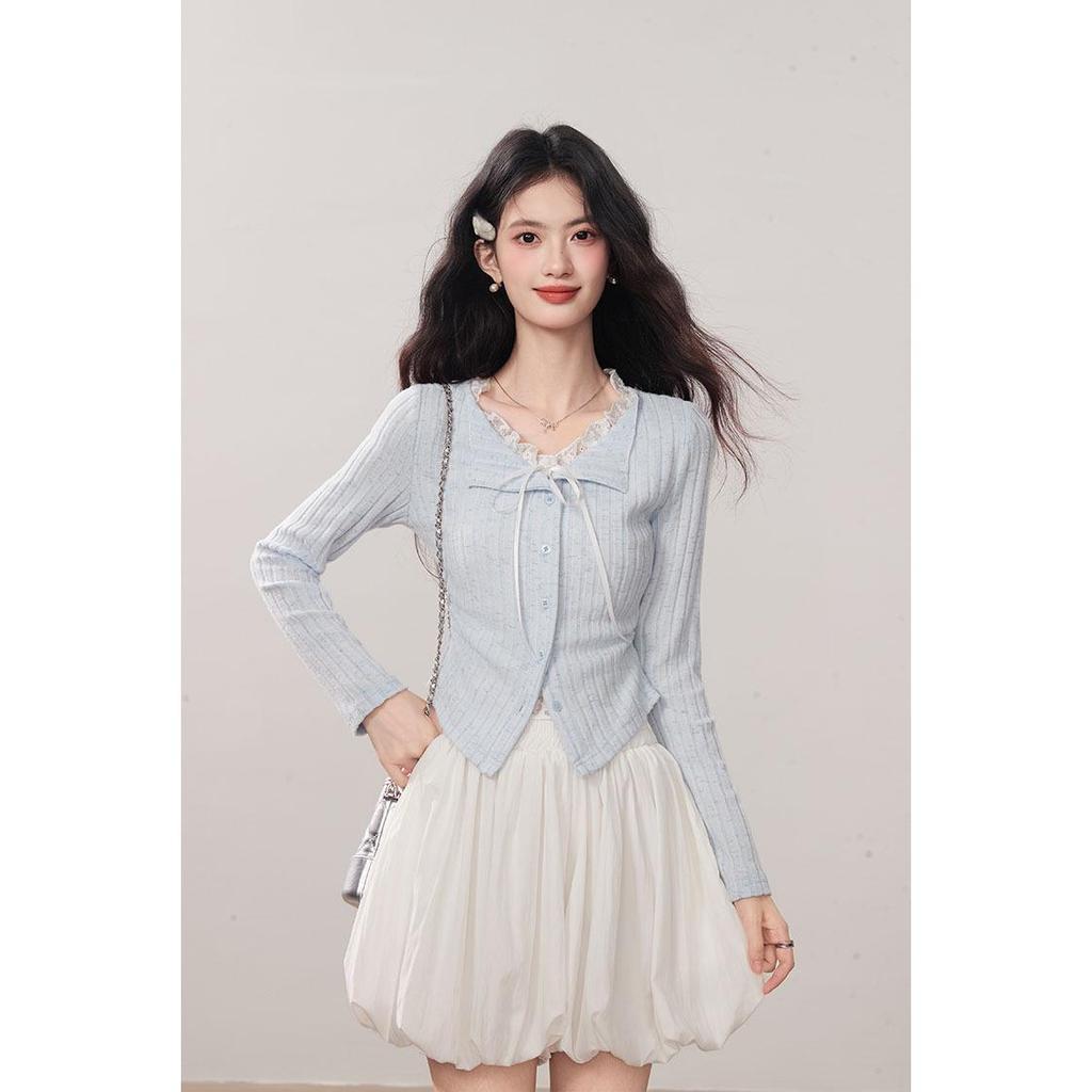 Kumikumi Women's Chic Blue Lace Tie-Up Long Sleeve Autumn Two-Piece Slimming T-Shirt