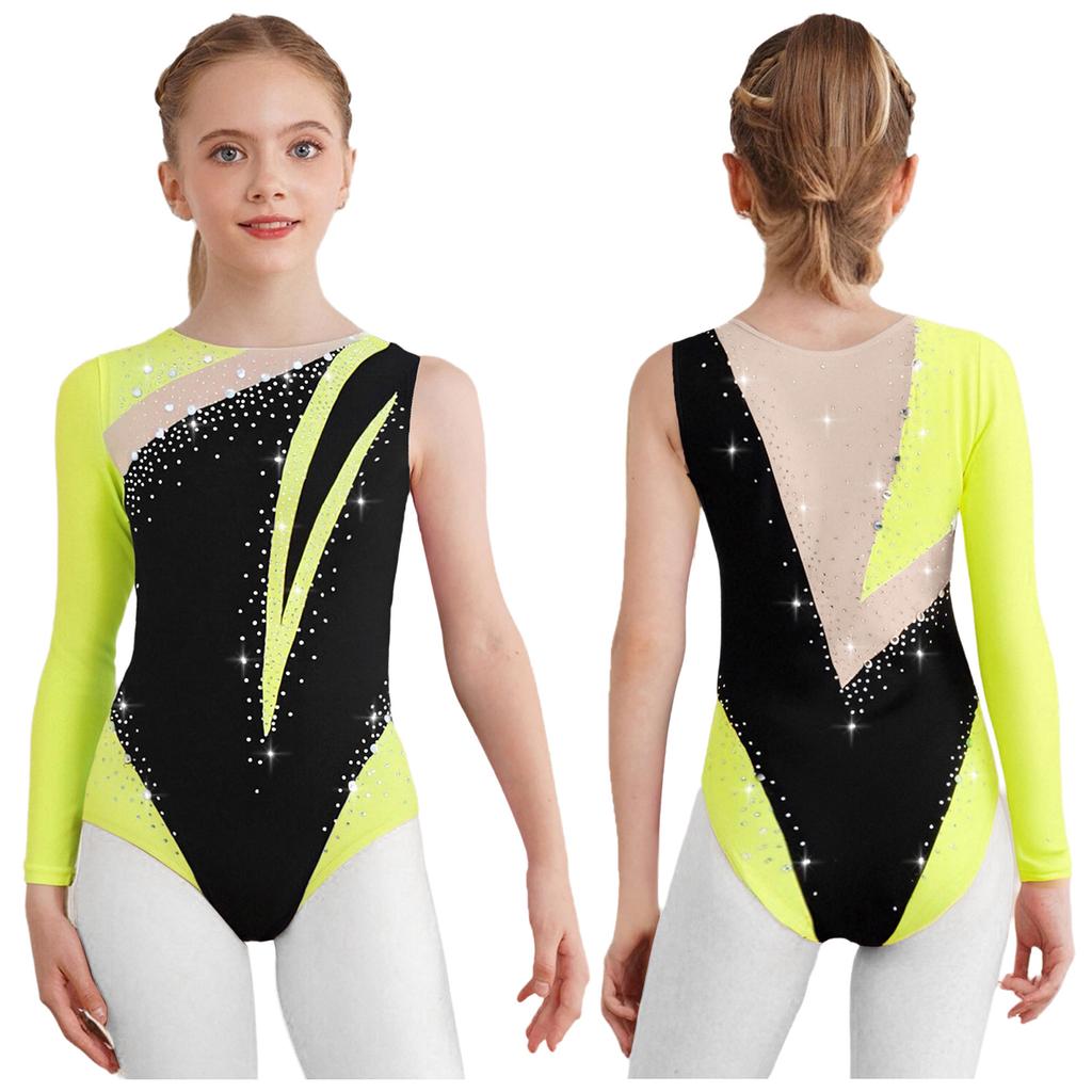 Girls Dance Leotard Round Neck Shiny Rhinestones Color Block Asymmetrical Gymnastics Wear