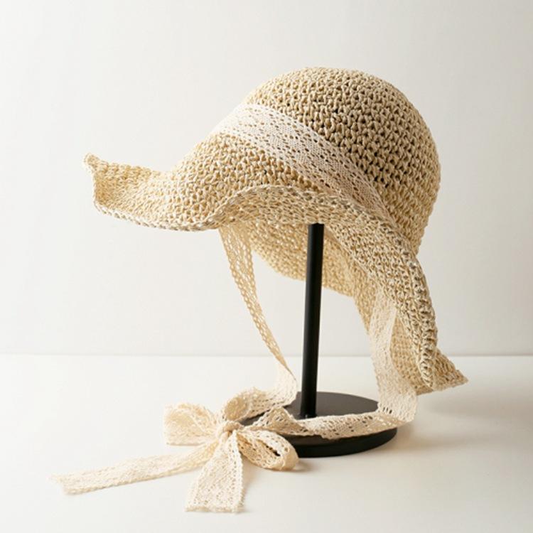 New lace strap straw hat girl summer small fresh sweet fairy straw bucket hat shade