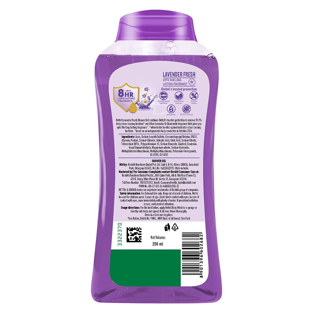 Dettol Body Wash and Shower Gel for Women and Men, Lavender Fresh- 250ml | | 8hr long lasting fragrance