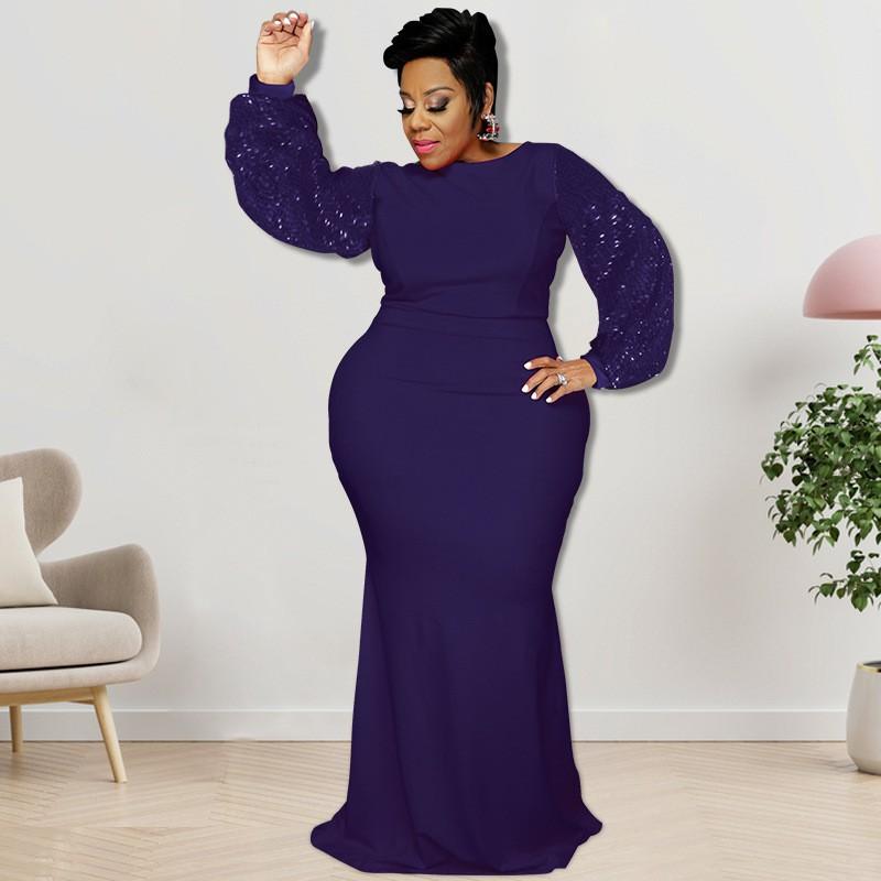 Plus Size Women Long Sleeve Sequin Midi Dress Elegant Office Wear Gray Blue Burgundy Orange XL 2XL 3XL 4XL 5XL Collection