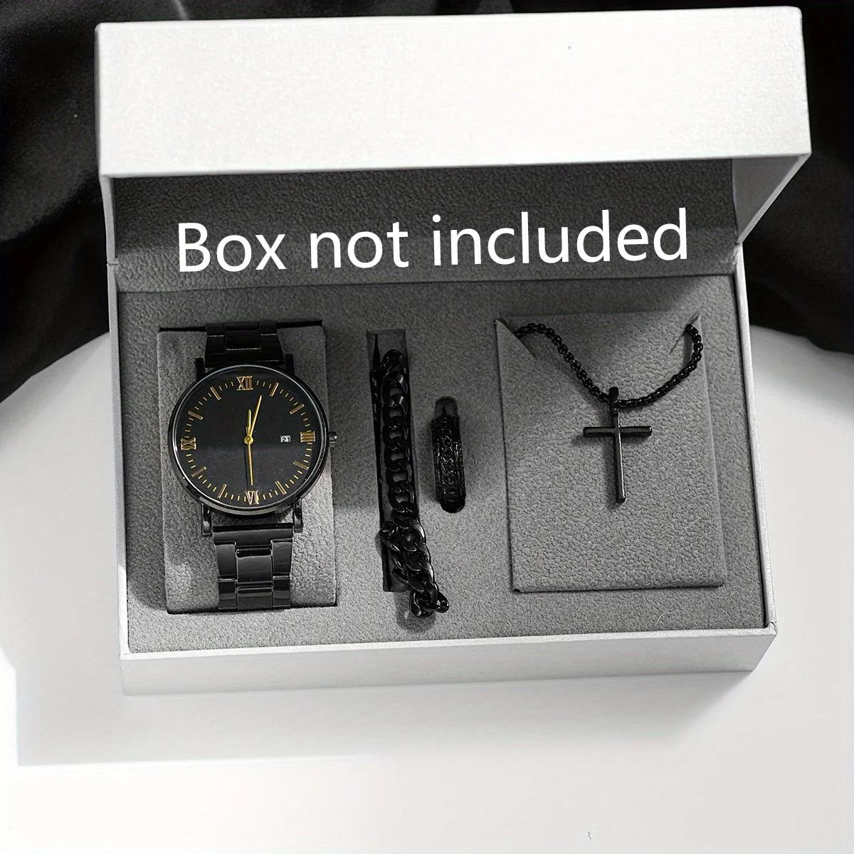 

4 шт.-Модный крест Хип-хоп Ювелирная цепочка Кольцо Браслет Ожерелье Набор из трех предметов+Повседневные кварцевые часы, Кольцо Браслет Ожерелье Часы