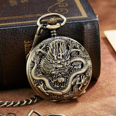 Klasické dvojité otevřené drak Phoenix Chengxiang Roman Literal Vintage ručně mechanické velké kapesní hodinky