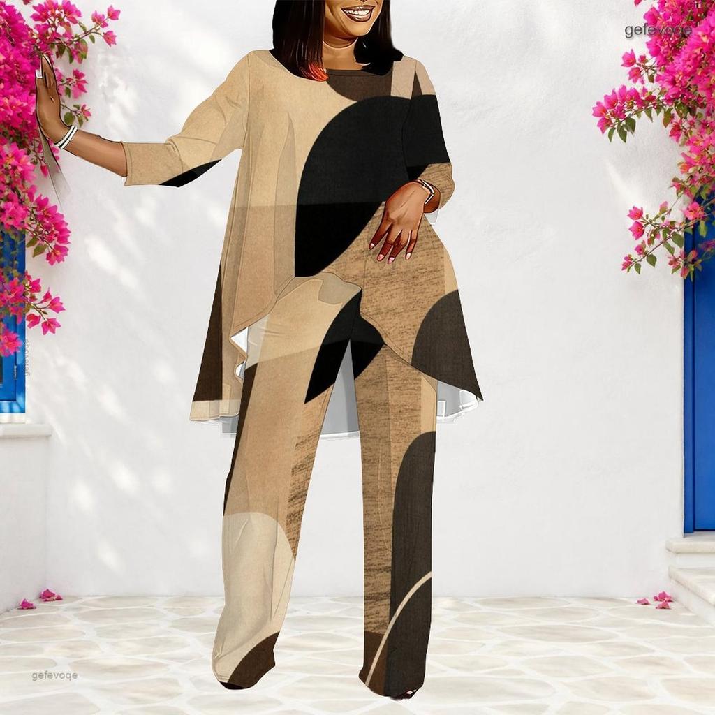 Women Plus Size Round Neck Long Sleeve Printed Layered Top Long Pants Two Piece Set