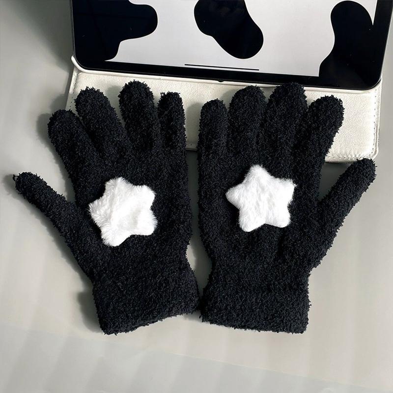 Women Coral Velvet Gloves Outdoor Warmer Soft Cartoon Star Cute Plush Cycling Solid Winter