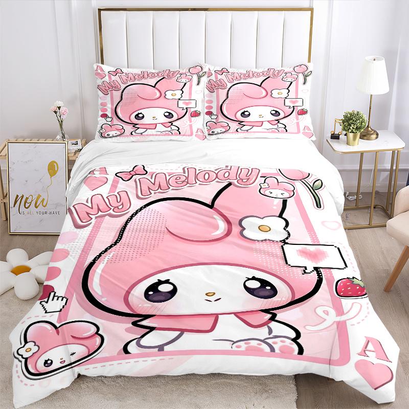 3pcs Pink Bunny My Melody Pattern Bedding Set, 1* Cover + 2*Pillowcases, Printed Bedding Set, Soft and Comfortable H085