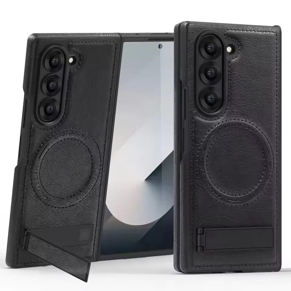 Magnetic PU Leather Kickstand Phone Case Shell for Samsung Z Fold Flip 7 6 5 Wireless Charging Case Designer Mobile Phone Case