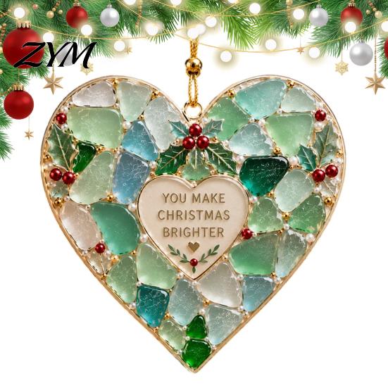 Coastal Style Holiday Decor 2Pcs Sea Glass Christmas Ornament, Seaglass Heart Bird Angel Tree Star Party Decoration Snowman Pendant, Handmade