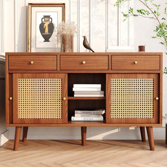 Sideboard, Chest Of Drawers with 3 Drawers and 3 Sliding Doors, Rattan Mesh On The Door Fronts, Legs Made of Solid Wood, Golden Metal Iron Handle,