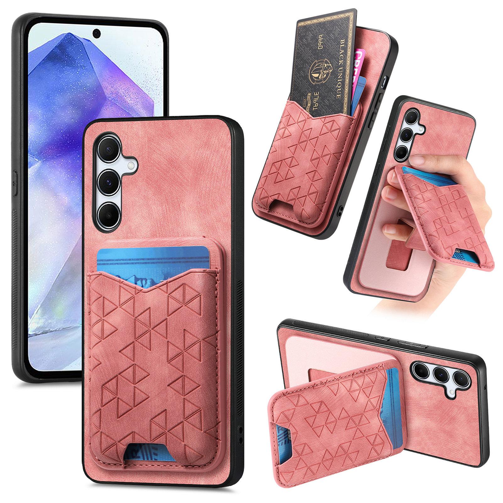 

For Samsung Galaxy A55 5G Case Imprinted Pattern Card Holder Kickstand Leather Back Cover Pink