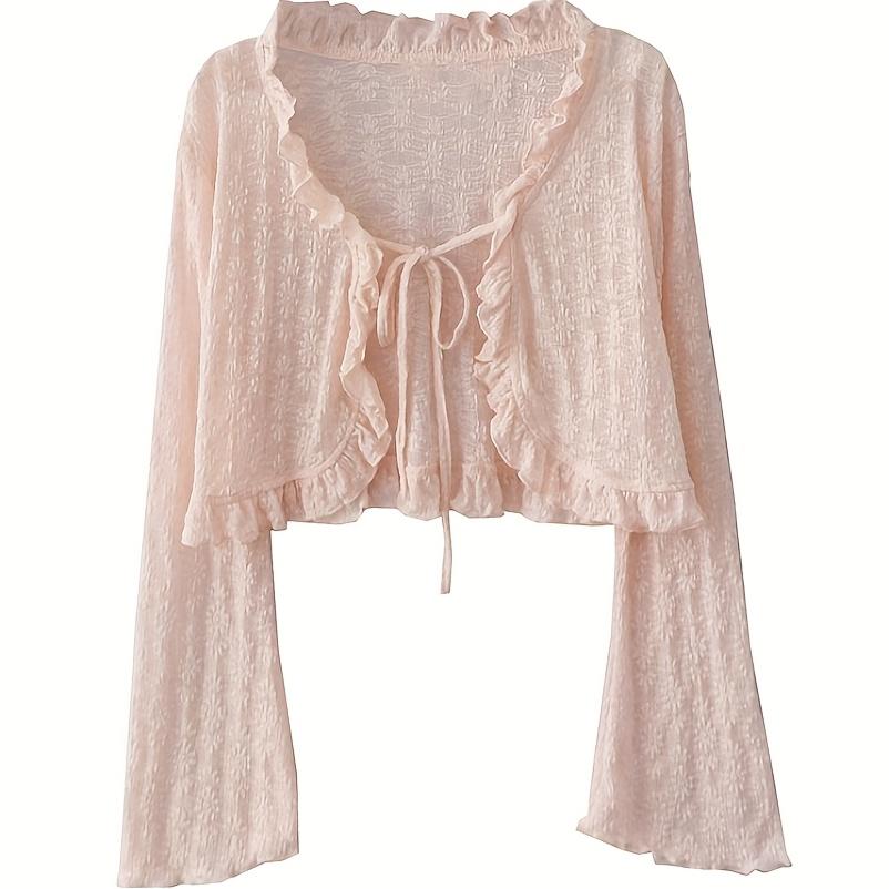 Elegante e Carino Cardigan Sottile con Laccetti e Pizzo, Top Sottile Traspirante con Maniche Lunghe in Chiffon e Volant per Donna, Mantellina Estiva