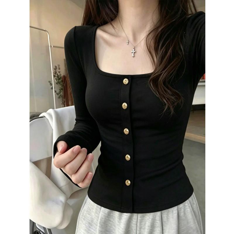 Womens Black U-Neck Long Sleeve T-Shirt Slim Fit Basic Top Casual Wear