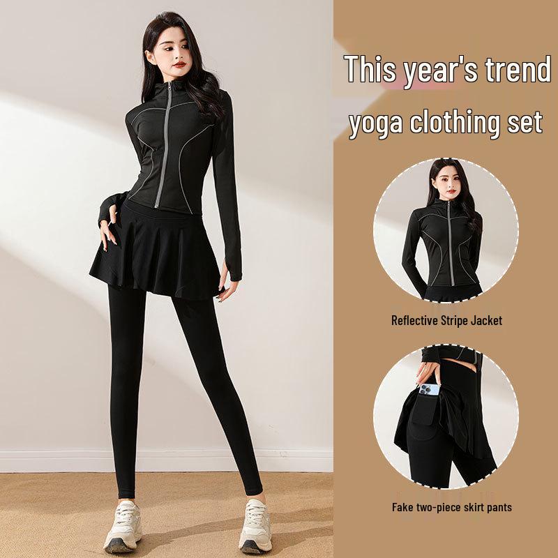 Women's Autumn Sportswear Set: Luminous Jacket, Skirt, Pants for Badminton, Tennis, Running, Yoga, Pilates, and Fitness.