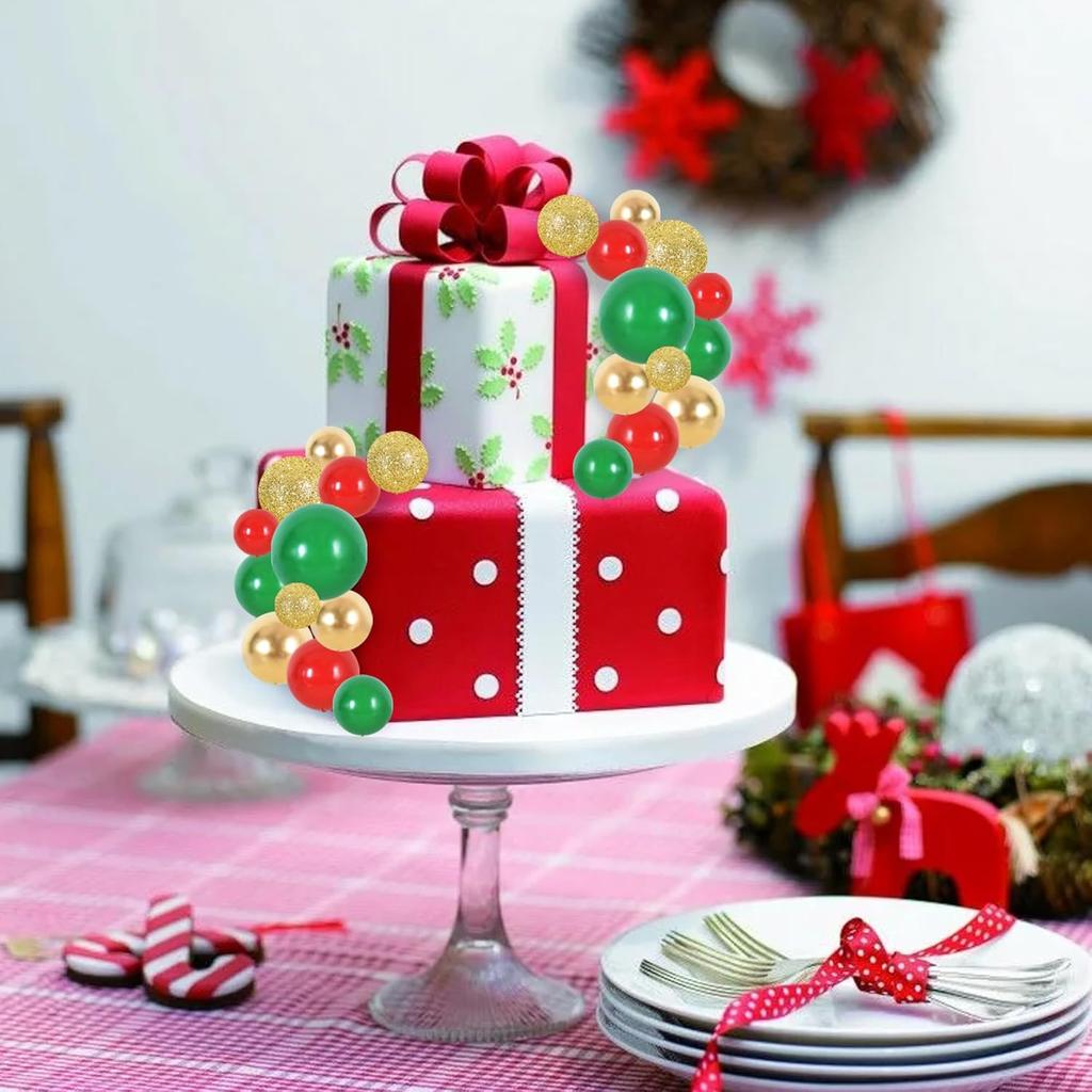 40pcs Mini Balls Cake Decorations Red Green Gold Silver Sticks Foam Balls DIY Cake Topper for Baking Christmas Party Decorations
