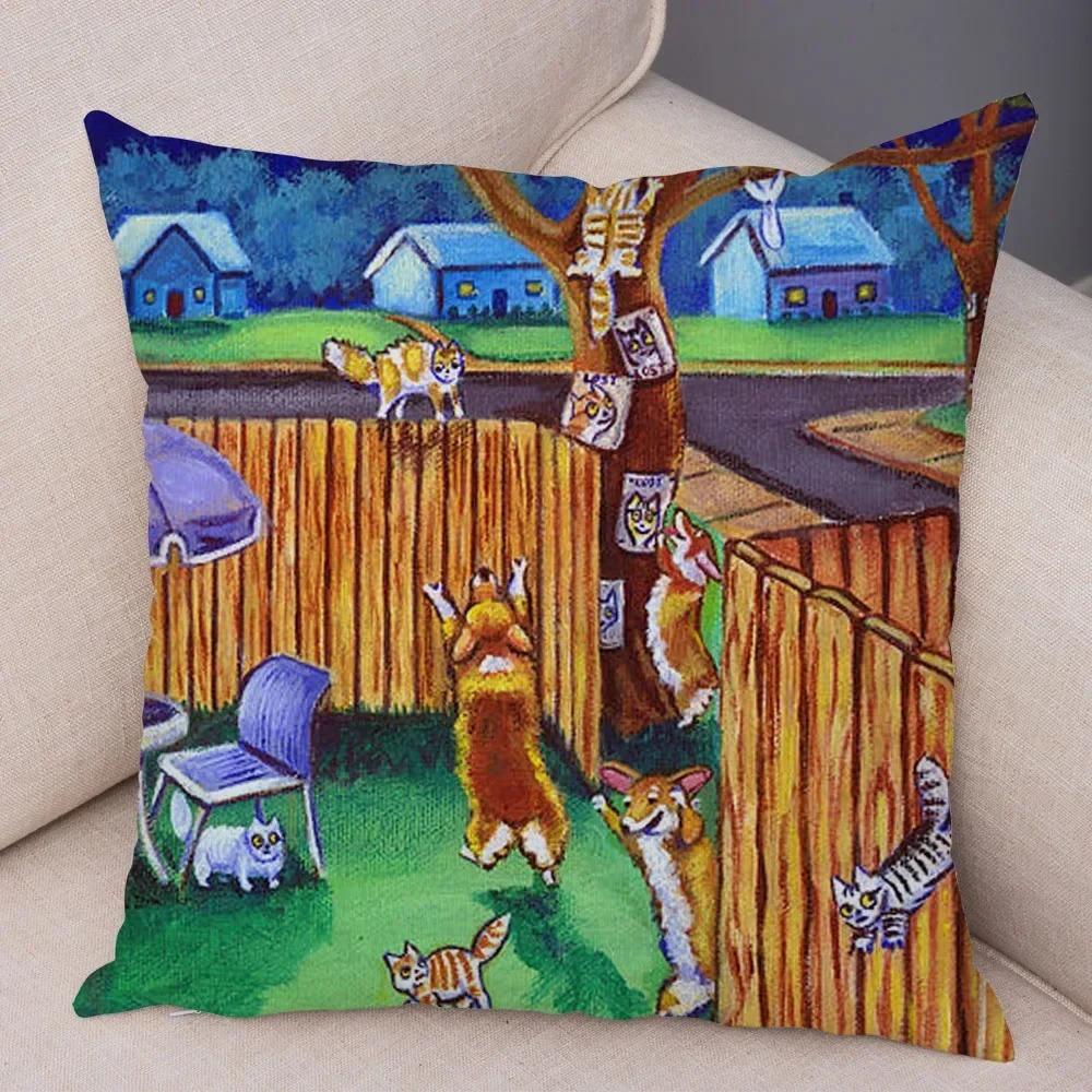 Cute Pet Dog Welsh Corgi Animal Print Cushion Cover Sofa Home Car Pillow