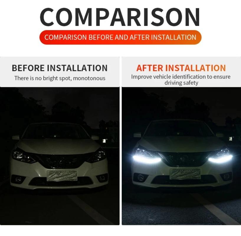 12V LED Daytime Running Light Strip Flexible Waterproof Headlight Turn Signal Yellow Lamp Car Decorative Driving Lights DRL 2Pcs
